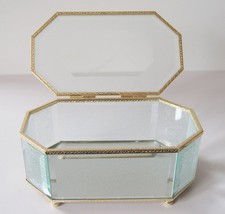 Glass Hexagon Brass Beveled Mirror Footed Trinket Jewelry Vanity Box