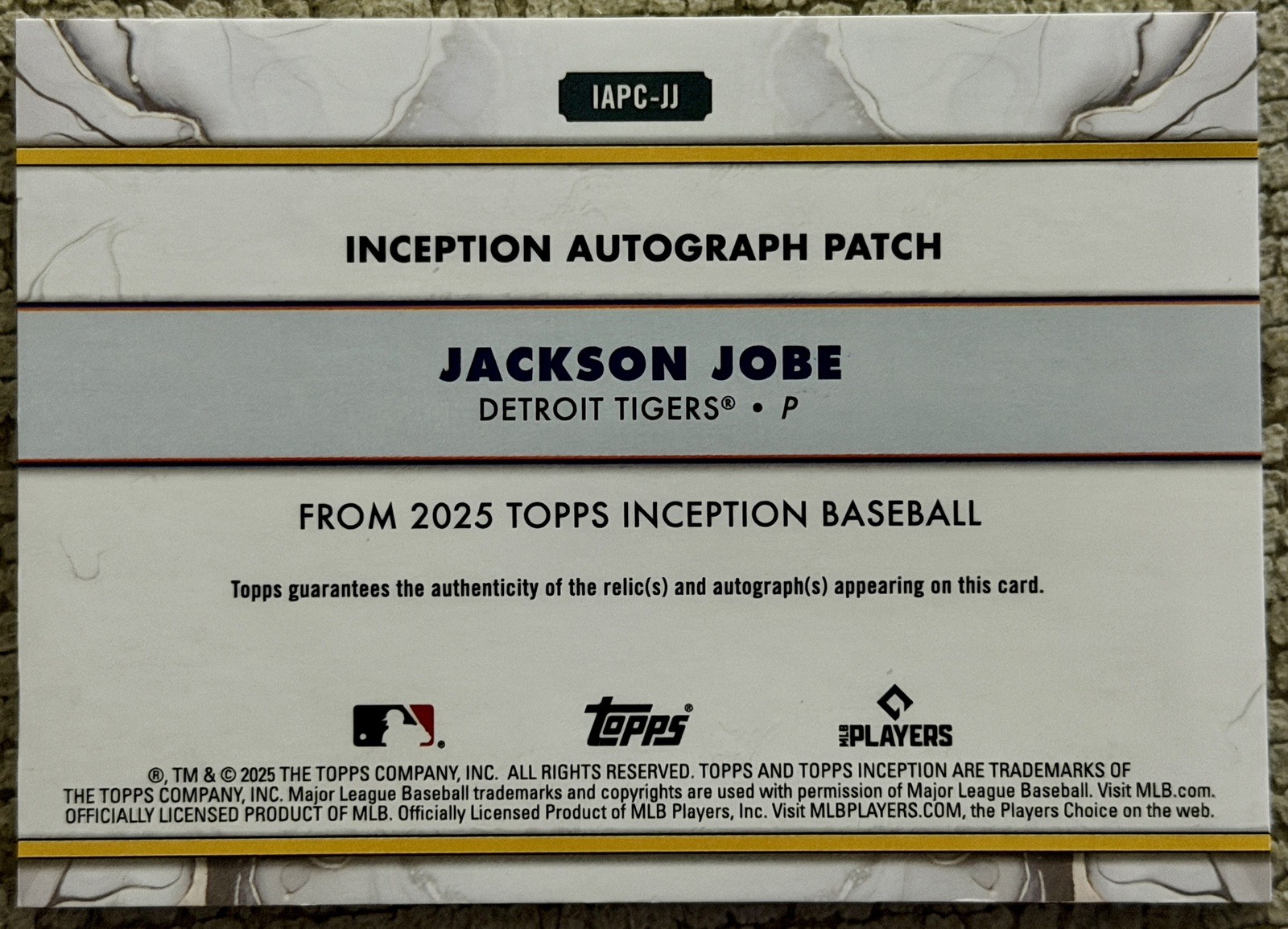 2025 Topps Inception Jackson Jobe Rookie Auto Patch /7 #IAPC-JJ Detroit Tigers  view 2