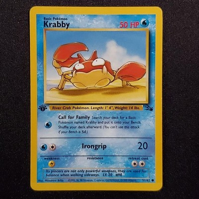 Krabby 51/62 1st Edition Common Fossil Pokemon Moderately Played