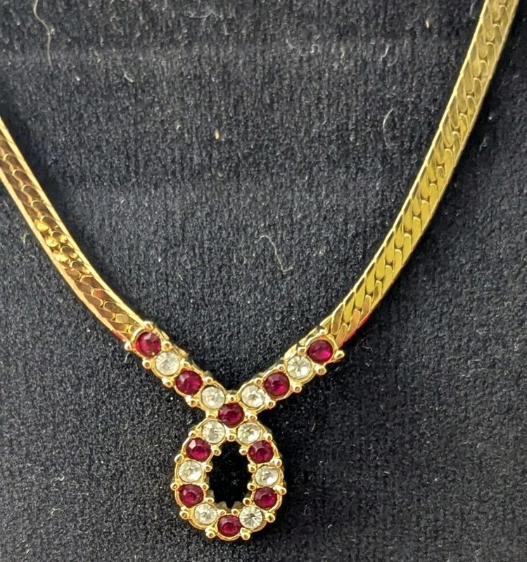 Ladies gold Herringbone Choker Vintage with Faux Rubies and CZs