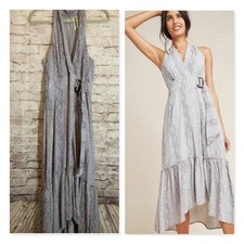 Anthropologie Marfa Maxi Dress 12 Muted Purple Snakeskin Print Midi Flowy Ruffle