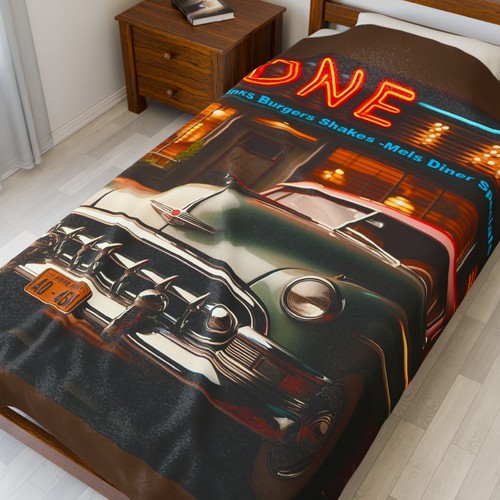 Retro 1950s Mels Diner Old Car Art Velveteen Plush Blanket Music Bobby Socks - Picture 2 of 13