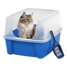 IRIS USA Large Cat Litter Box with Scatter Shield and Scoop, Open Top, Blue 