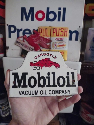 VINTAGE MOBIL PORCELAIN SIGN OLD 6" MOBILOIL CAR AUTO OIL GAS SERVICE STATION