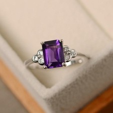 Purple amethyst ring gemstone ring emerald cut amethyst 925 sterling silver ring