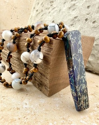 Navy Aqua Terra Jasper w/ Blue White Agate Crystal Necklace Artisan Made in USA