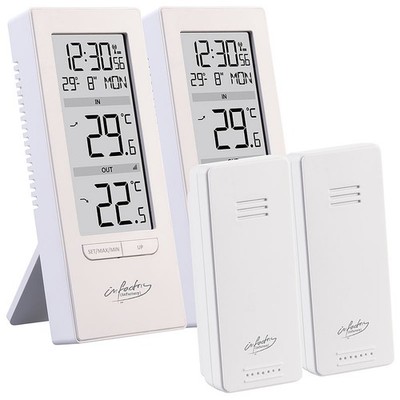 infactory 2er-Set Digitale Temperaturstation, Innen-/Außenthermometer, Funkuhr