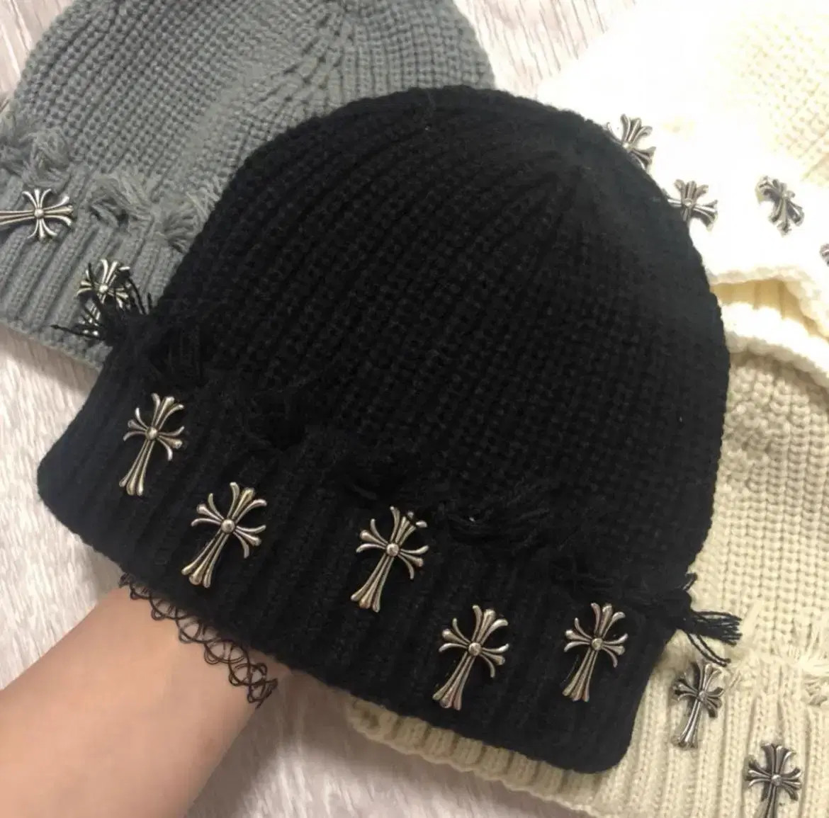 y2k chrome silver cross grunge hat damage knit vintage