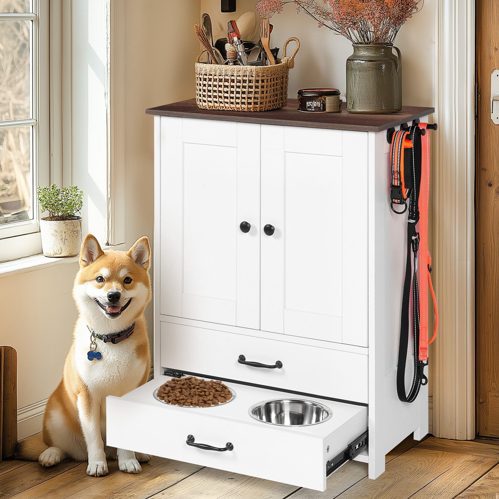 Storage Cabinet, Pet Feeding Watering Station W/bowls,adjustable,3hooks