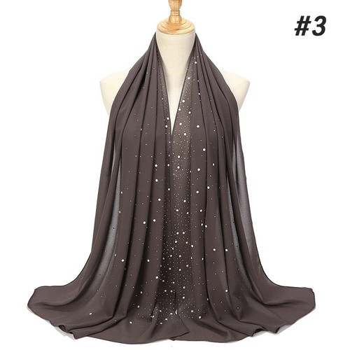 Elegante Bufanda De Chifón Para Mujeres Perlas Clavadas Y Estampado Plano Hijab - Picture 14 of 31