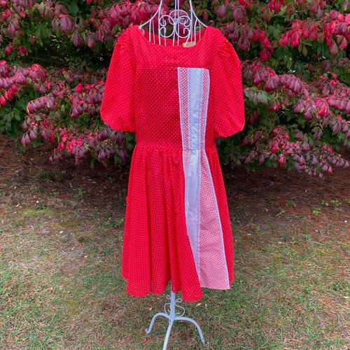 Vintage 70er 80er Square Dance Kleid rot weiß | M | floral 80s Polka Dot Eyelet