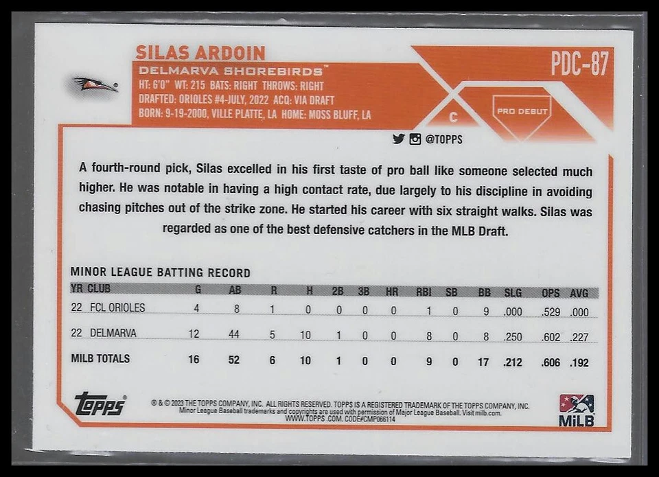 2023 Topps Pro Debut Chrome #PDC-87 Silas Ardoin Delmarva Shorebirds - Image 2 of 2