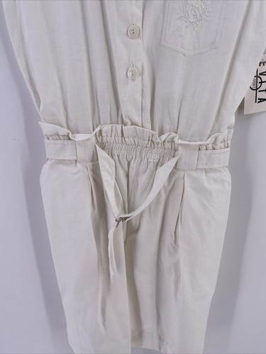Vintage Evita Sport-Strampler Playsuit Damen L weiß Baumwolle Buttondown E-Logo-Etikett - Bild 6 von 12