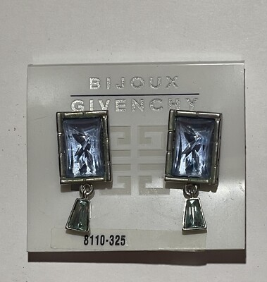 Vintage Bijoux Givenchy Blue & Green Dangle Clip Earrings Signed Original Card
