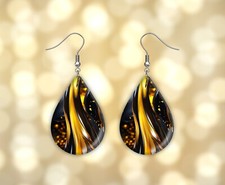 Amber and Black Print Earrings Handmade Wood Tear Drop Dangle Printed Jewelry
