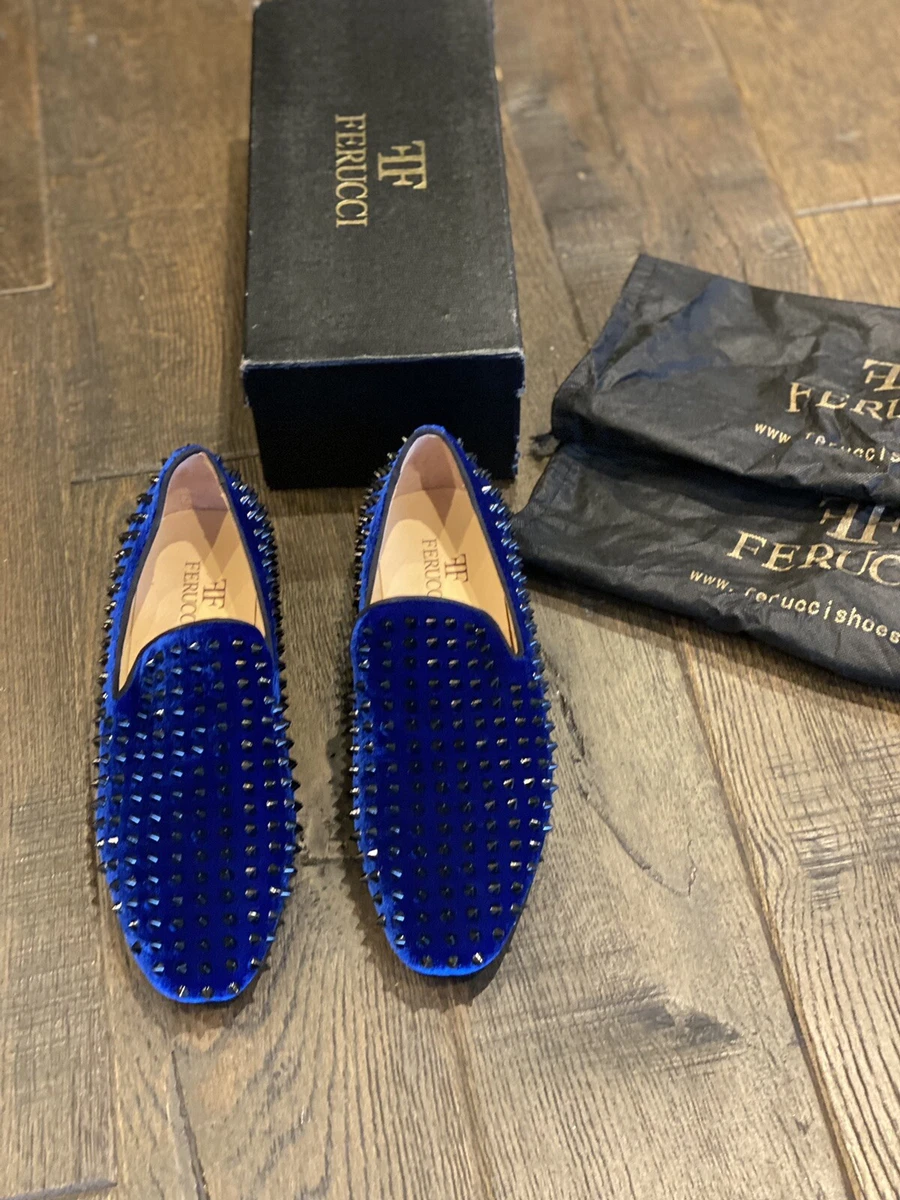 Men FERUCCI Blue Velvet Slippers Loafers Flat with Black Spikes