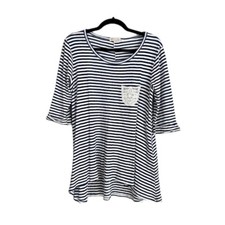 Tea N Rose Boutique Women's 3/4 Length Sleeve White & Navy Striped Top Sz S GUC