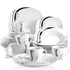 VEWEET FIONA Dinnerware Set 30 Pc Porcelain White Plate Bowl Set Service for 6