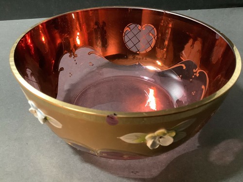 Bohemian Czech Glass Candy Dish Lid Bowl Gold Raised Enamel Flowers - 第 8/8 張圖片