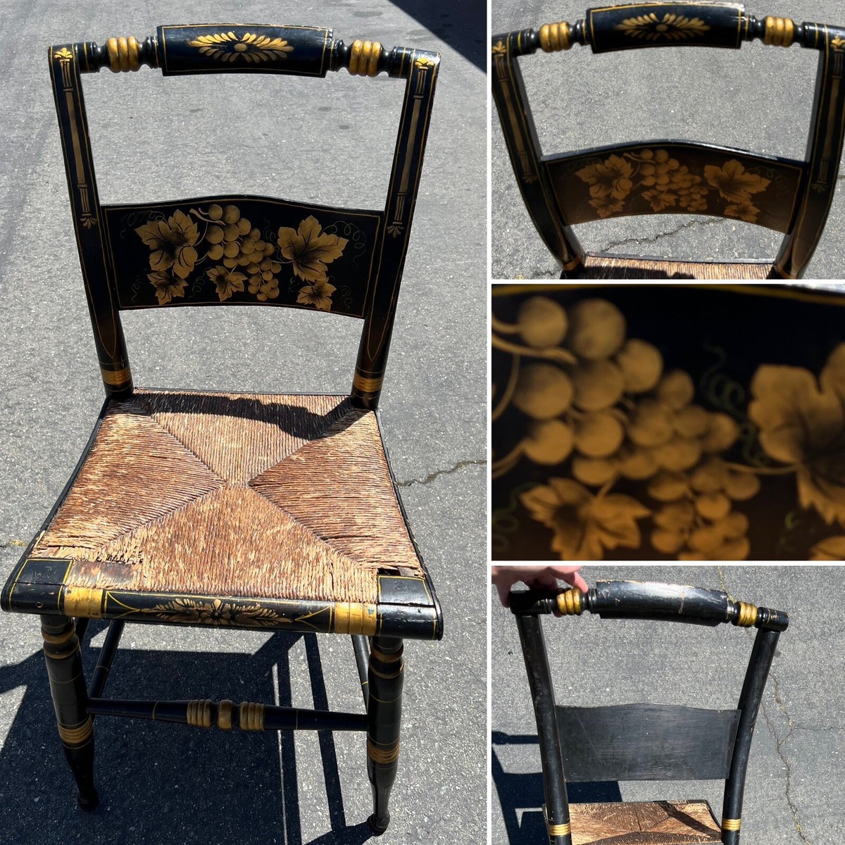 希少 ヴィンテージ ヒッチコックチェア スツール ラッシュシート 黒×ゴールド Antique Hitchcock Black & Gold Stenciled Farmhouse Rush Seat Chair
