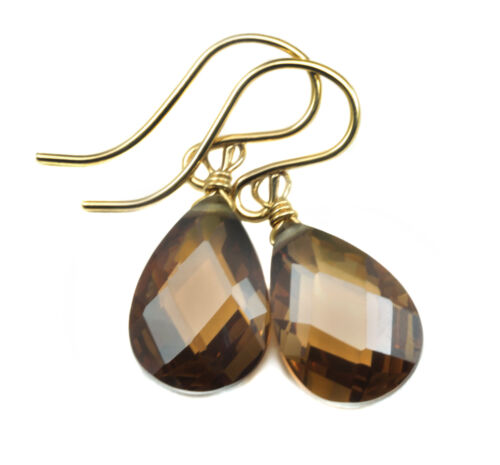 14k Gold Cubic Zirconia Earrings Brown Chocolate CZ Sterling Faceted Pear Drop - Picture 1 of 5