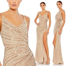Mac Duggal NEW Sequined Spaghetti Strap Cowl Back Gown in Nude $598 - Size 12