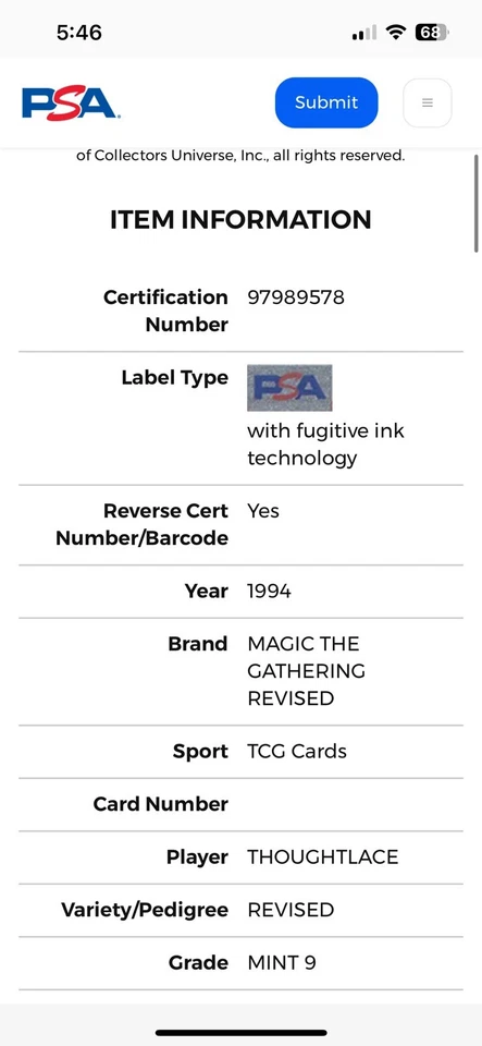 THOUGHTLACE Revised Edition 1994 Magic The Gathering (MTG) PSA 9 MINT 🔥Rare🔥 - Image 4 of 4