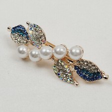 Gold Tone Fashion Hair Clip Barrette Leaf Multicolor Rhinestones Faux Pearls