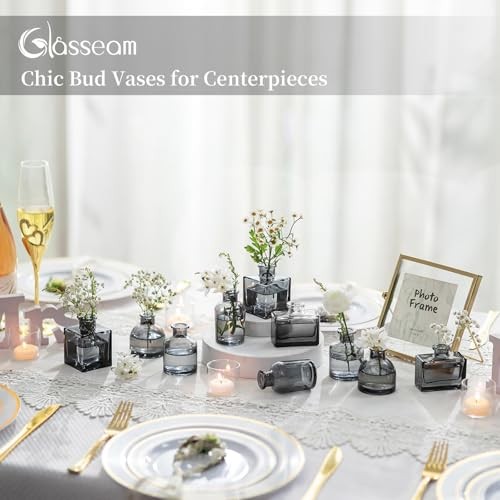 Glass Bud Vase: Mini Small Vases for Centerpieces Cute Flower Vase Set 5 Gray - Picture 5 of 7