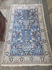 Vintage Perserteppich Nain Stil blau wei&szlig; Seide Lebensbaum V&ouml;gel 195 &times; 120 cm