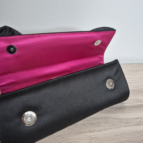 Nina Black Satin Fold Over Clutch Bow Purse Hot Pink Formal Wedding Elegant Snap - Picture 3 of 8