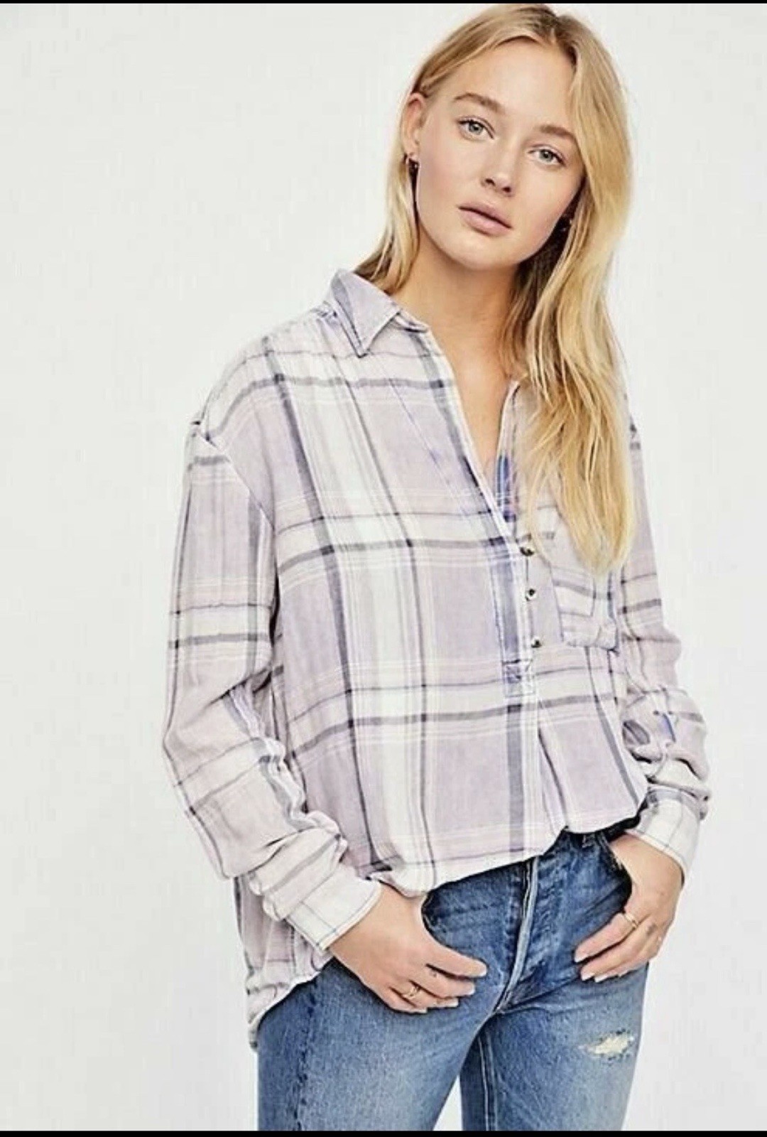 Free People Size Small Washed Away Plaid Pullover Top