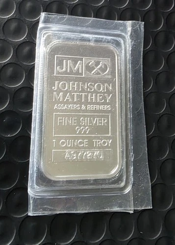 1 OZ. JOHNSON MATTHEY SILVER BAR .999 FINE SEALED IN PLASTIC SERIAL # A977270
