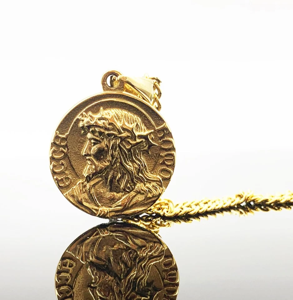 Collar Moneda Jesús Chapado en Oro 18K, Colgante Oración Cristiana para Hombre Mujer, Foto 3 de 4
