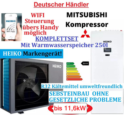 Wärmepumpe Heizung Heiko Luft Wasser Monoblock Brauchwasser Speicher 250L 12kW