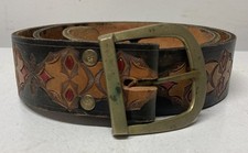 Vintage Western Belt Tooled Leather Hand Painted Geometric Brass Buckle Native