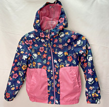 Eddie Bauer Girls Size 5 Rain Wind Jacket Pink Navy Floral Hooded Full Zip