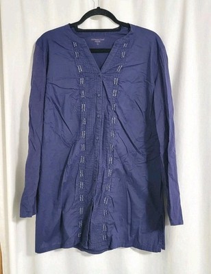 Coldwater Creek 1x Tunic Button Up Top Blouse Beaded Boho Blue Long Sleeve
