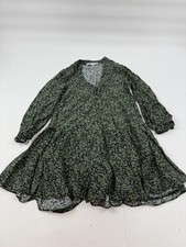 Zara Dress Womens Small Green Animal Print Long Sleeve Ruffle Swing Mini V Neck