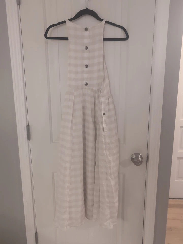 Vestido KIMCHI AZUL Talla S Guinga Blanco Beige A Cuadros Lino Algodón Delantal Broches de presión Foto 4 de 4