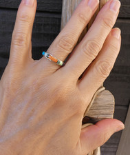 Native American Navajo Sterling Silver Band Ring Turquoise Multi Inlay Size 5-10