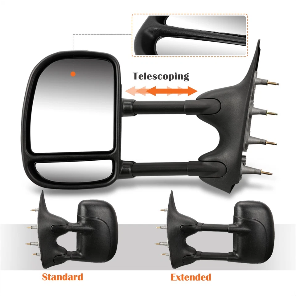 Par de espejos retrovisores telescópicos manuales negros para Ford E150-E550/Econoline 03-14 Foto 3 de 4
