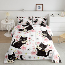 Kawaii Cat Comforter Set Girls Butterflies Cats Print Comforter for Boys Teens C