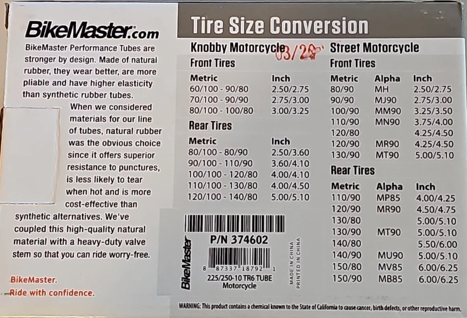 Tubo moto Bikemaster Performance 225/250-10 TR6 #374602 NUEVO Foto 2 de 2