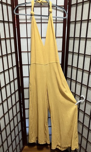 ELECTRIC FEATHERS NYC Wide Leg Halter Knot Jumpsuit Backless Yellow Gauze S