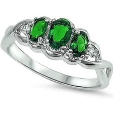 3 Oval Cut Green Emerlad  Cz .925 Sterling Silver Ring
