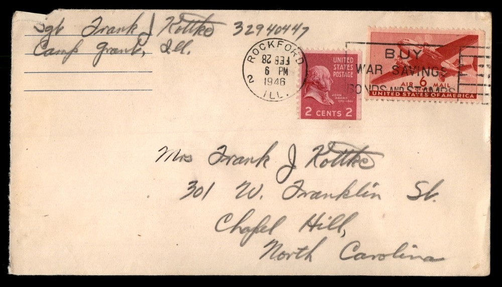 1946 Rockford to Chapel Hill NC Air Mail Cover by Mayfairstamps