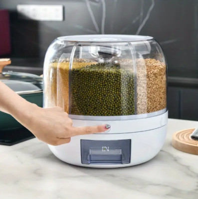 1Pc 6 Compartment Rotating Rice & Grain Container, Divided Kitchen Storage