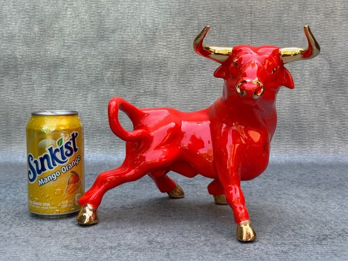 RED PORCELAIN MATADOR BULL STATUE FIGURINE GOLD LEAF GILDING MCM 12" L 8 1/2" H - Picture 12 of 12
