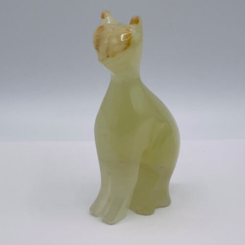Statuina gatto vintage pietra intagliata a mano onice marmo statua seduta alta 5" gattino verde - Foto 7 di 8